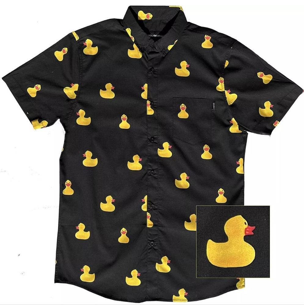 Kids Black Short-Sleeve Button-Down Shirt with Yellow Duck Print